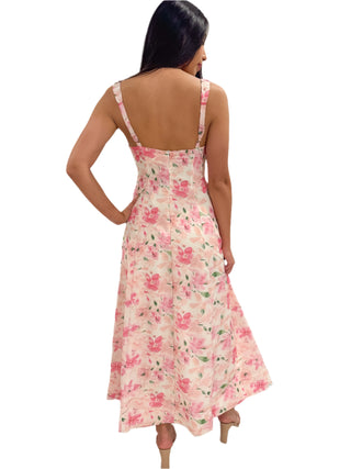 Back view of floral printed maxi dress with adjustable straps and back zip