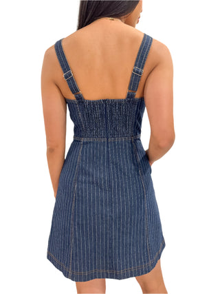 Back view close up of the detail in the denim a-line mini dress