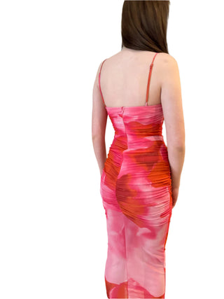 Back view of fitted ruhed midi dress with adjustable singlet straps and back zip closure.