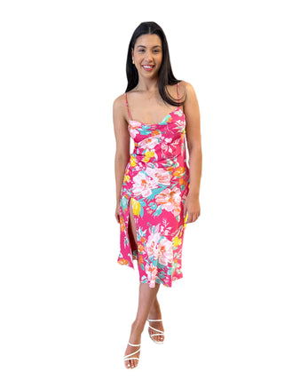 Pink floral print midi dress with thigh high split.