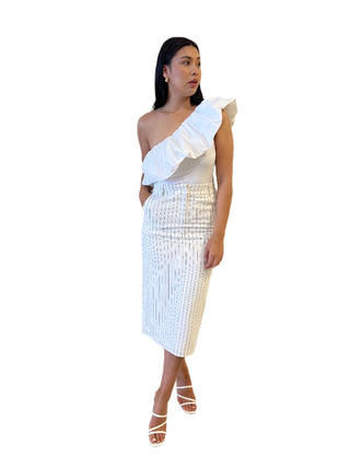 Dramatic white one shoulder puff bodysuit.