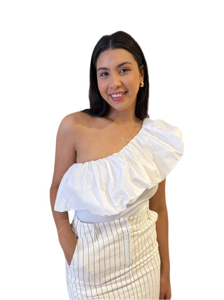 Close up view of the beautiful ruffle one shoulder white bodysuit.