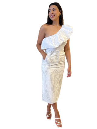 One shoulder ruffle white bodysuit worn with high waisted white pinstripe midi skirt.