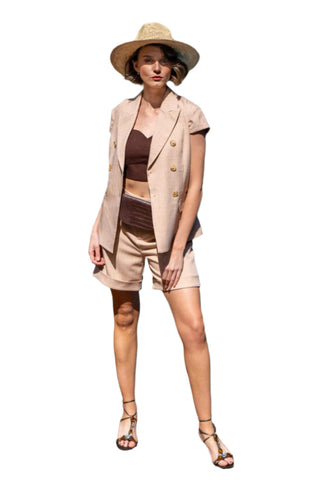 Camel coloured high waisted cuffed shorts style with matching short sleeve blazer.