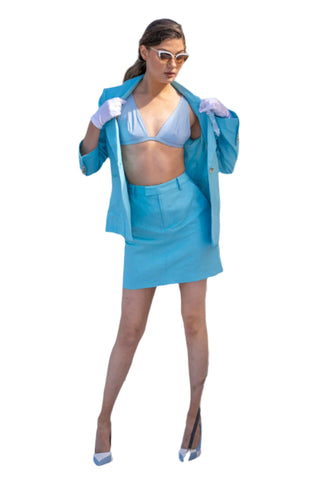 Blue linen mini skirt with pockets