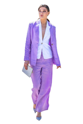 Lilac linen blazer with matching pant and white vest.