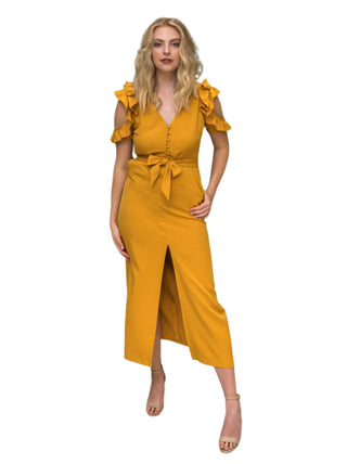 Beautiful dijon coloured midi dress with short cut out sleeves and ruffle detail, tie waist and front split.