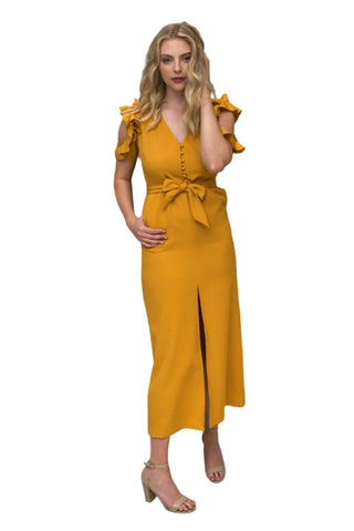 Dijon coloured dress with button down front and tie waist, styled with nude heel 