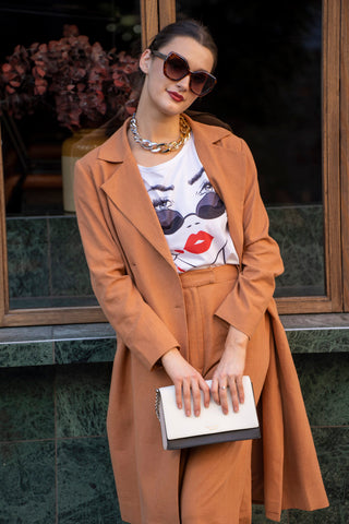 Caramel pant and matching long line jacket styled with printed tee.