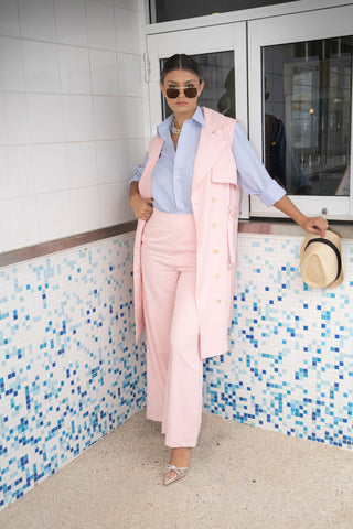 Chic style matching pant and vest set styled with pinstripe blue shirt and heels.