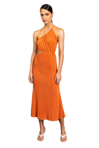One shoulder rust evening dress with cut out side and midi length.