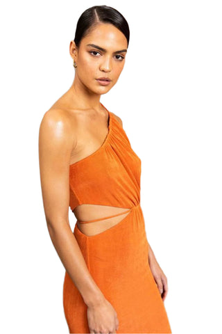 Side view of one shoulder formal dress with cut out side detail.
