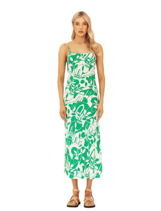 White and green printed fitted midi dress