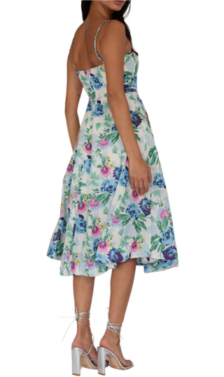 Back view of floral midi dress with fitted bust and full skirt.