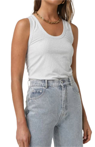 Lurex silver tank top with round neckline.