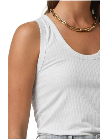 Close up view of the lurex sparkle in the tank top.