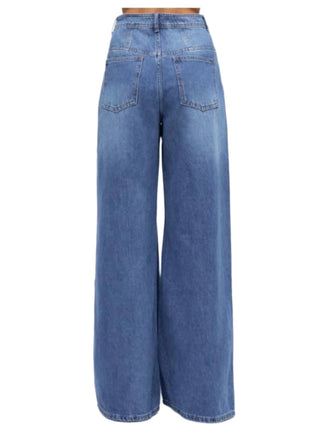 Back view of high waisted blue denim jeans.