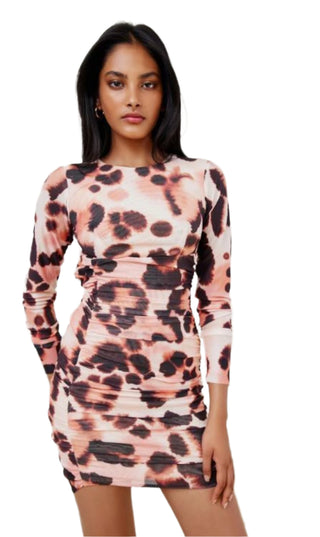 Leopard print fitted mini dress with long sleeves.