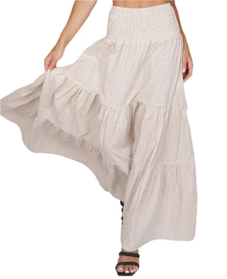High waisted gingham maxi skirt with elastic waist and tiered skirt.