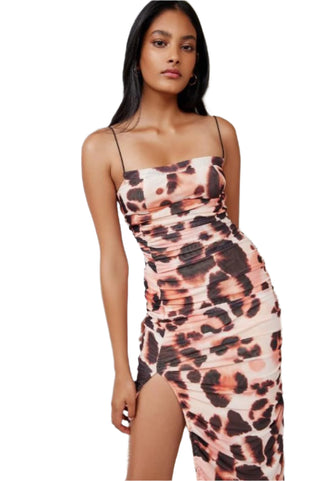 Leopard print midi dress with thigh high split.