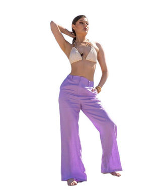 Lilac linen high waisted pants with wide leg.