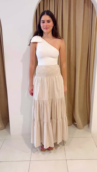 Video of how you can wear the gingham maxi skirt as a dress too