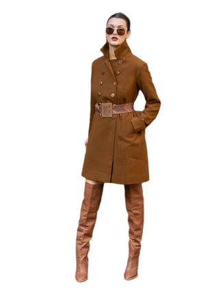 Brown wool blend double breasted coat styled with brown thick belt.