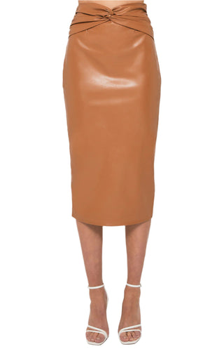 Pleather brown midi skirt with twist waist.