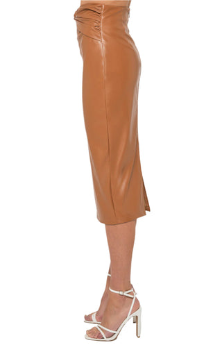 Side view of vegan leather fitted midi skirt.