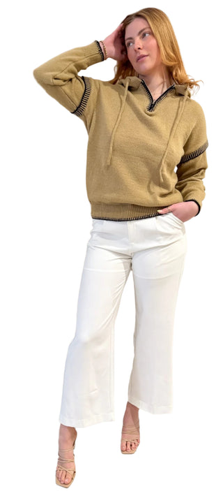 Caramel hooded jumper with contrast black detail and zip up front.
